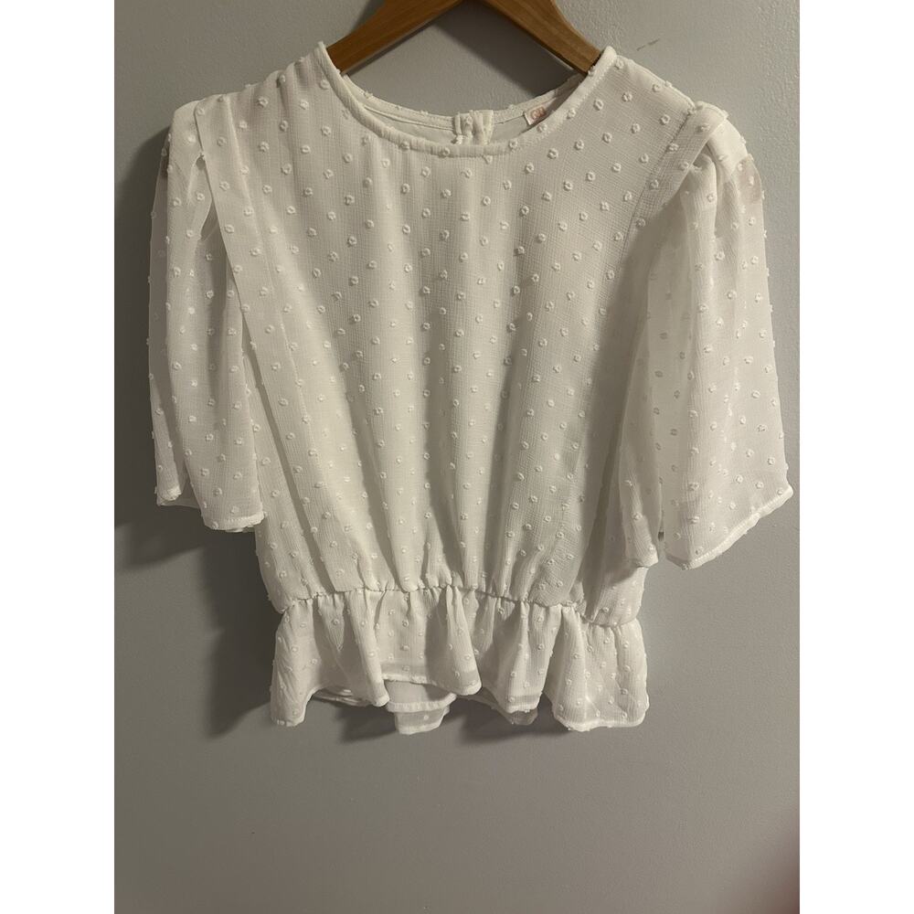 White Swiss Dot Peplum Blouse Women’s S Flutter Sleeve Top Festival Fairy NWT